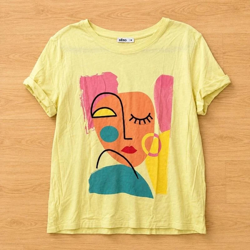 T-shirt Gémo Jaune Taille M Coton Modal Imprimé Visage Col Rond Manches Courtes